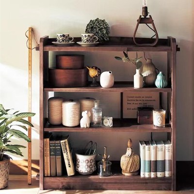 复古实木置物架落地日p式阳台多层民宿客厅茶具摆件收纳架搁板花