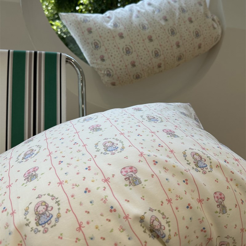 韩系少女心蘑菇女孩纯棉床笠床单单件1.35m全T棉学生宿舍保护套