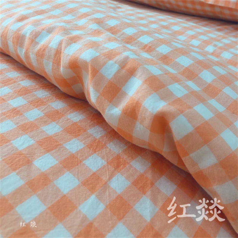 【水洗棉】纯棉日式橘色小格被单被套三件套+P精梳棉粗布床单定做