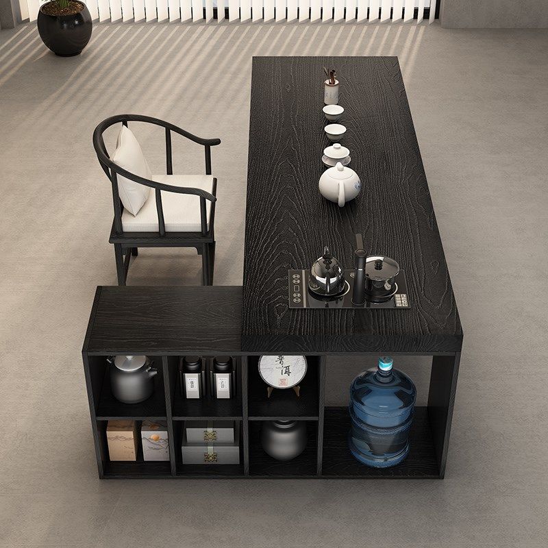 侘寂风全实木桌柜一体黑色碳化茶桌办公室家用客厅茶台.茶桌椅组