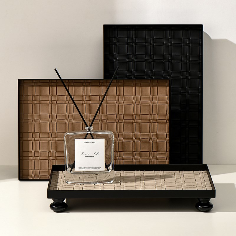 小西家轻奢风木脚编织纹皮革铁艺长方盘桌面收纳U盘玄关装饰摆盘