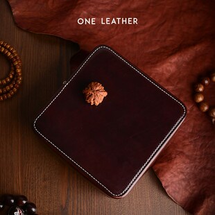 oneleather一皮 复古牛皮金银首饰盒文玩收纳S盒手串核桃加大方形