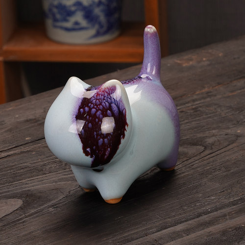 钧窑桌面柜子茶h桌摆件猫咪陶瓷可爱小猫创意茶宠猫闺蜜同学礼物