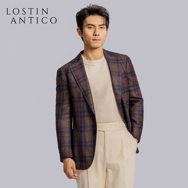 意式南意风复古格子男士单西外套