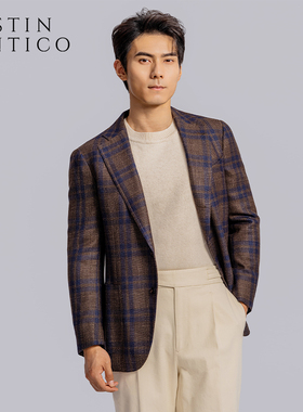 Caccioppli面料意式南意风复古格子男士单西外套商务休闲西服正装