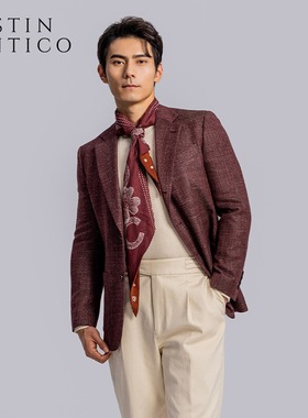 意式Marzotto面料轻奢高级感休闲无里衬酒红色单排扣西装男外套
