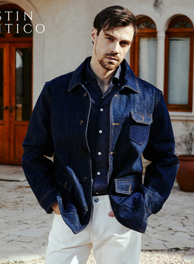 意式复古休闲深蓝色牛仔外套男士宽松拼接冈山赤耳丹宁夹克