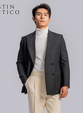 英国MOON面料那不勒斯复古休闲双排扣墨绿色西装男外套