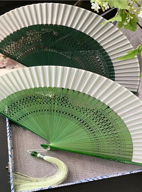 扇子古风复古便携绿色折扇女式随身汉服旗袍折叠小古典跳舞蹈