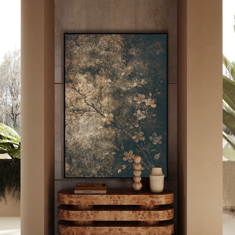 原创侘寂风民宿入户玄关装饰画新中式诗意客厅茶室桃花背景墙挂画