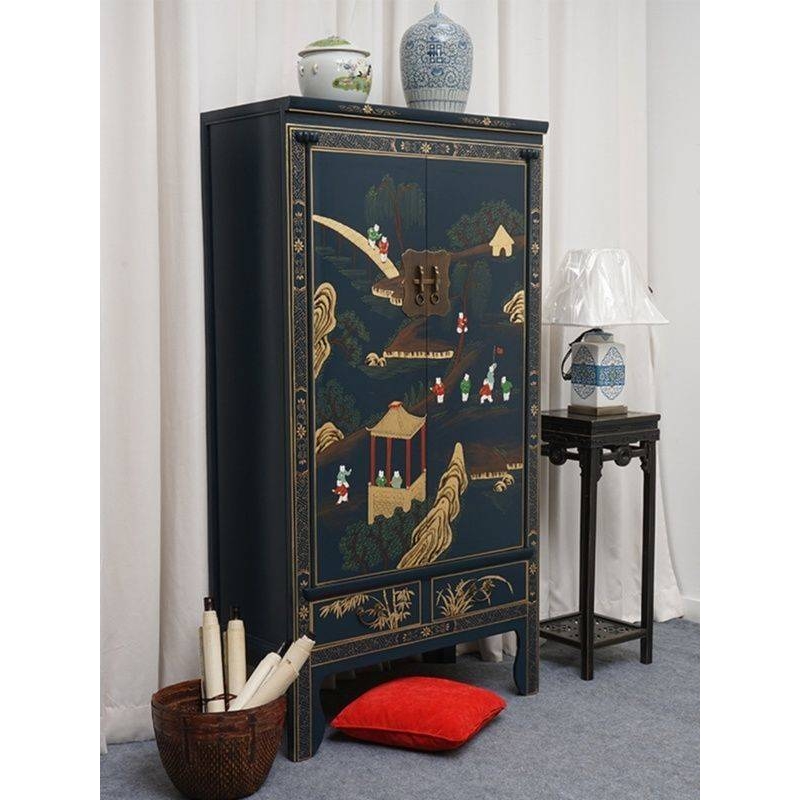 中式实木衣柜家用卧室复古榆木彩绘衣橱大容量高柜收纳装饰柜现货