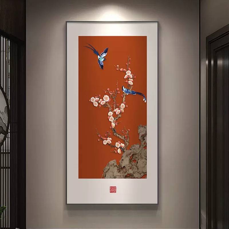 喜气盈门玄关装饰画新中式入户寓意好花鸟挂画走廊过道正对门壁画