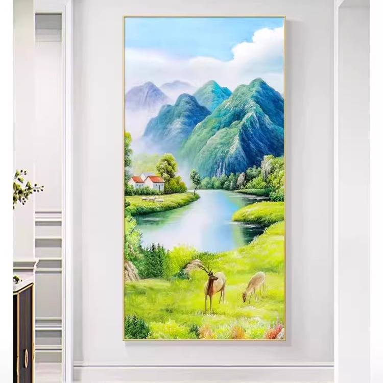 入户玄关装饰画竖版走廊过道挂画风景山水画聚宝盆小鹿纯手绘油画图片
