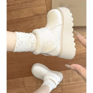 白色厚底毛毛雪地靴女款2025新款冬季增高短筒加绒加厚保暖棉鞋子