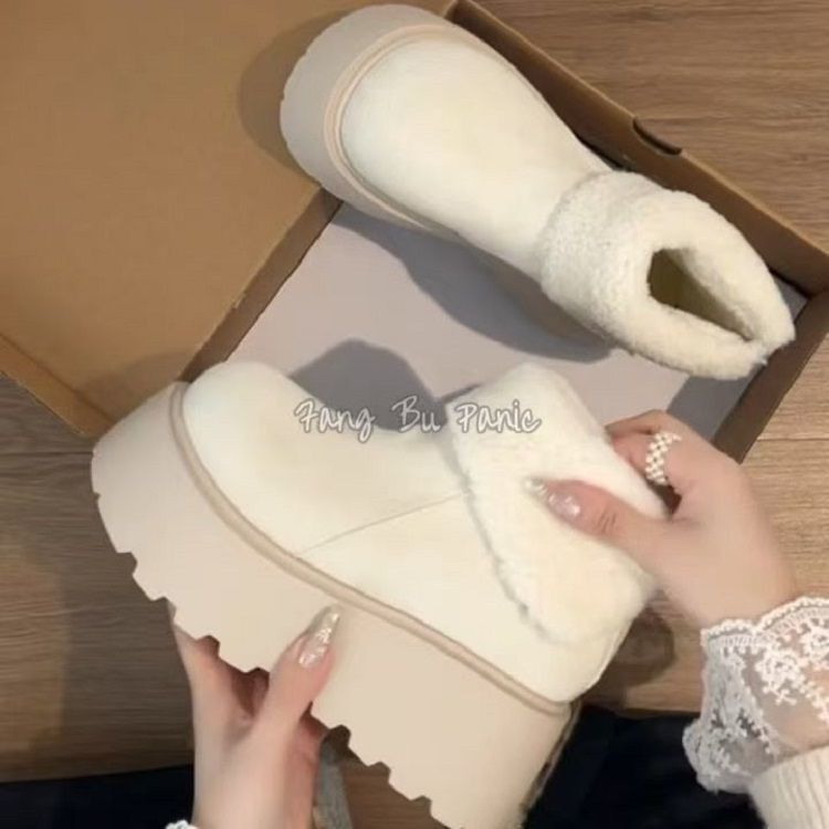 增高厚底翻领毛毛雪地靴女冬季2025新款加绒加厚洋气棉鞋短筒靴子