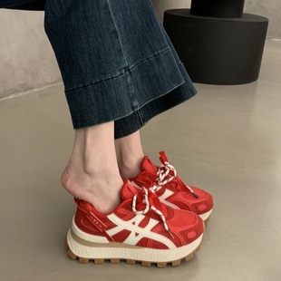 港风网红华夫小蛮腰阿甘鞋女秋季2025新款厚底增高复古休闲老爹鞋