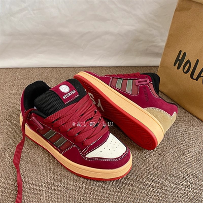 复古酒红情侣款厚底面包鞋女ins潮男2025春季新款百搭休闲板鞋子