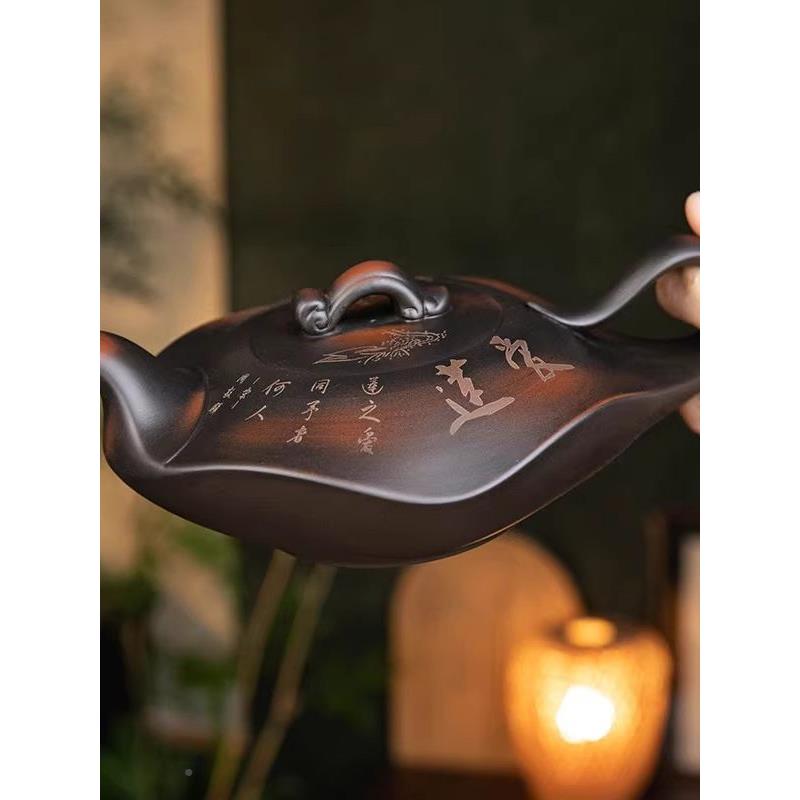 紫水陶紫砂云南建全手工爱莲茶壶家用办公功夫茶说QNU壶具套装高