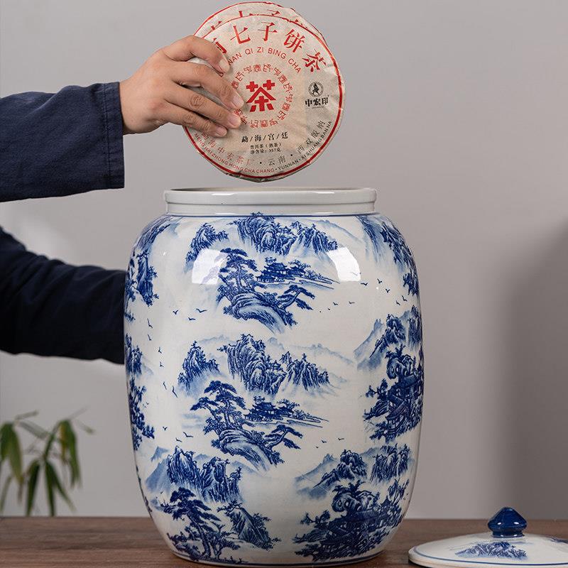 景德镇青花茶叶大号特陶瓷罐PNC储茶密封存大茶饼罐山水储茶缸防