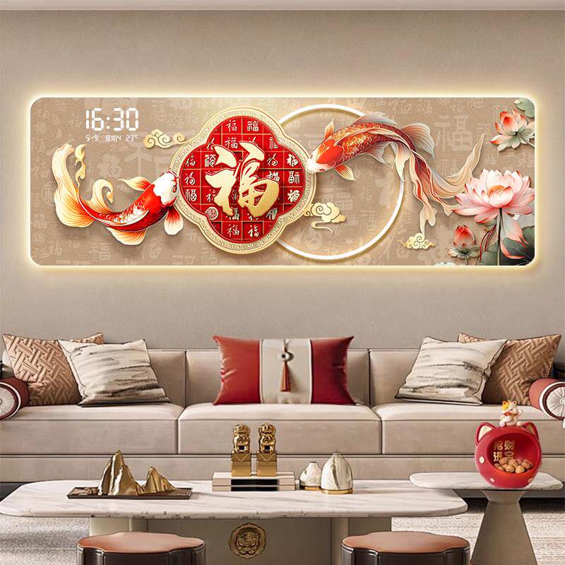 厅QWL3248表鱼图客装饰画轻奢高级发感电子时钟沙背景墙挂画钟挂