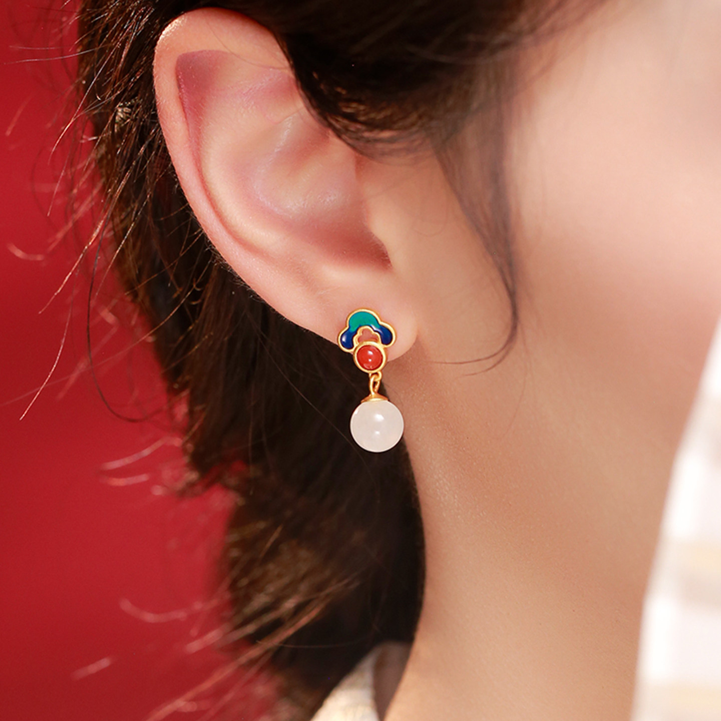 若在江南｜和田玉耳钉纯银珐琅耳环耳饰女款高级感三八妇女节礼物