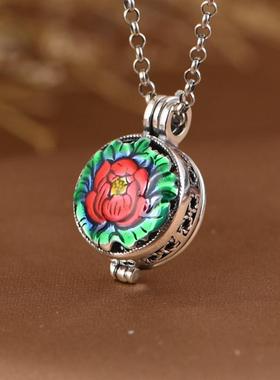 网红- 925银吊坠 文艺小巧设计感景泰蓝牡丹福字香囊香丸盒女坠