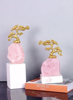 现代新中式发财树迎客松摆件样板间客厅书桌装饰品粉晶石婚庆礼品