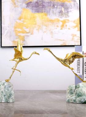 轻奢现代仙鹤展翅天然石底座客厅高档卧室玄关家居软装装饰品