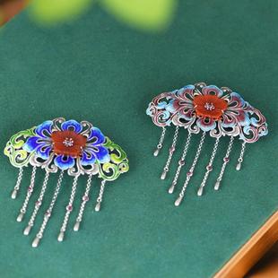 网红- 925银发卡 复古民族风烧蓝镶玛瑙繁花发饰发夹顶夹礼物