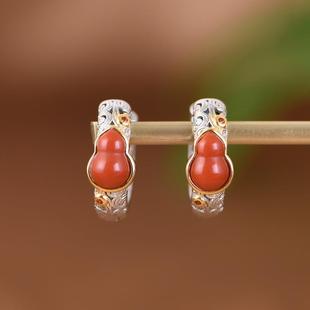 网红- 925银镀金耳钉 文艺气质唐草花纹玛瑙葫芦耳圈女款耳坠