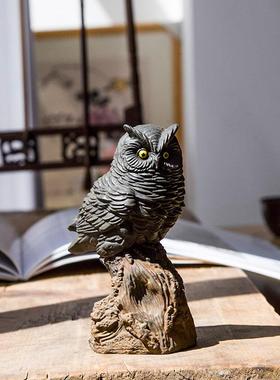 原创仿铸铁铁锈猫头鹰桌面小摆件书房小摆设手工原创雕塑创意装饰