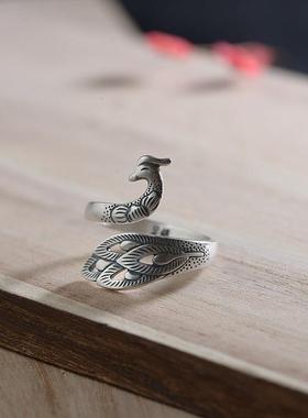 网红- 足银990复古泰银哑光工艺指环 开口凤凰女款银戒指