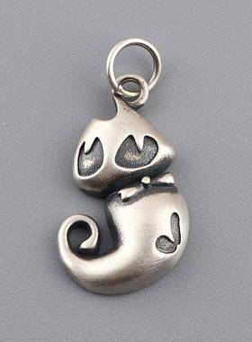 网红- 925银哑光复古泰银手绳挂坠 女款蝴蝶结小花猫吊坠