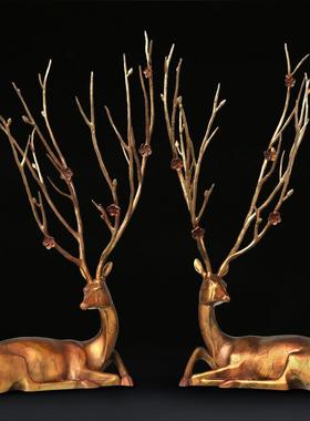 黄铜对鹿摆件创意青铜麋鹿工艺品现代简约家居酒柜玄关装饰品铜制