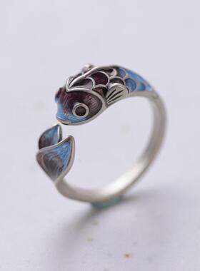 网红-925银复古风珐琅女款哑光民族风古典烧蓝鲤鱼锦鲤戒指