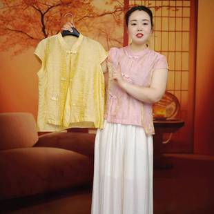 新中式 禅意国风女夏季 高级感气质浮光锦提花复古上衣短袖 小衫