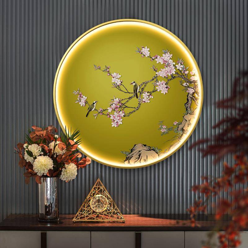 新中式入户装玄关饰画客厅挂轻奢FTM样板间画LED灯画发光花壁画鸟
