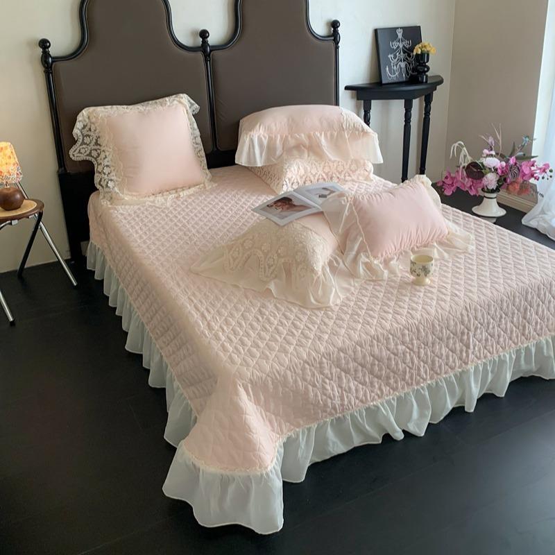 法式复古公主水洗棉绗缝夹棉床盖单纯件色蕾风wMNaerE5花丝边加厚