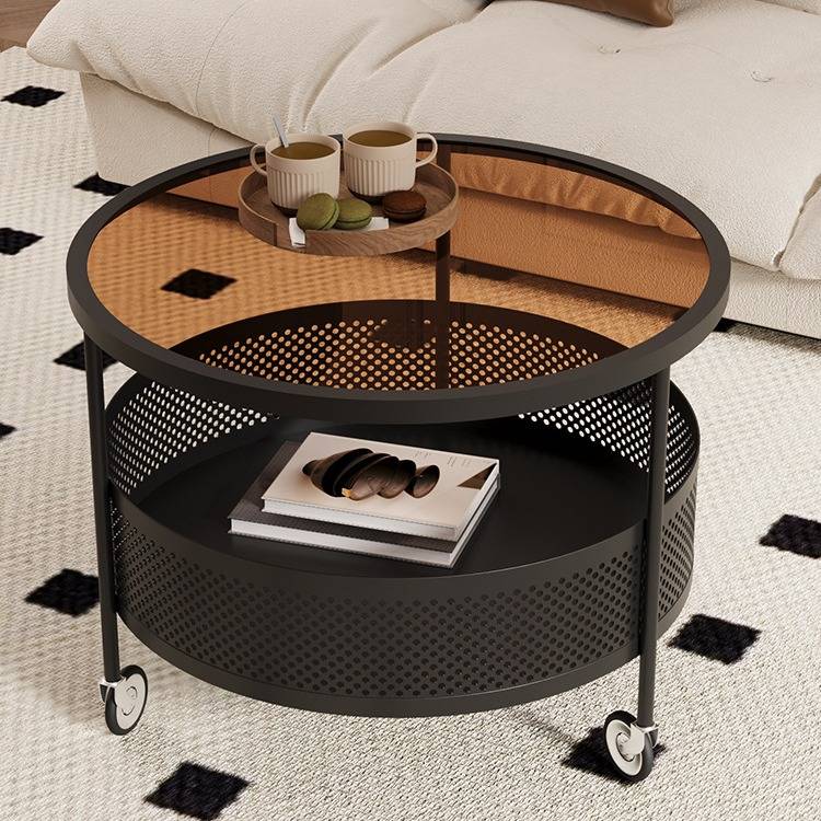 法式奶油风玻璃茶几小户型客厅家用现代简约可移动带轮小圆桌网红