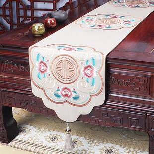 中席式刺绣端轻奢桌PSQ新高旗餐桌布茶几电视柜长条布茶桌布