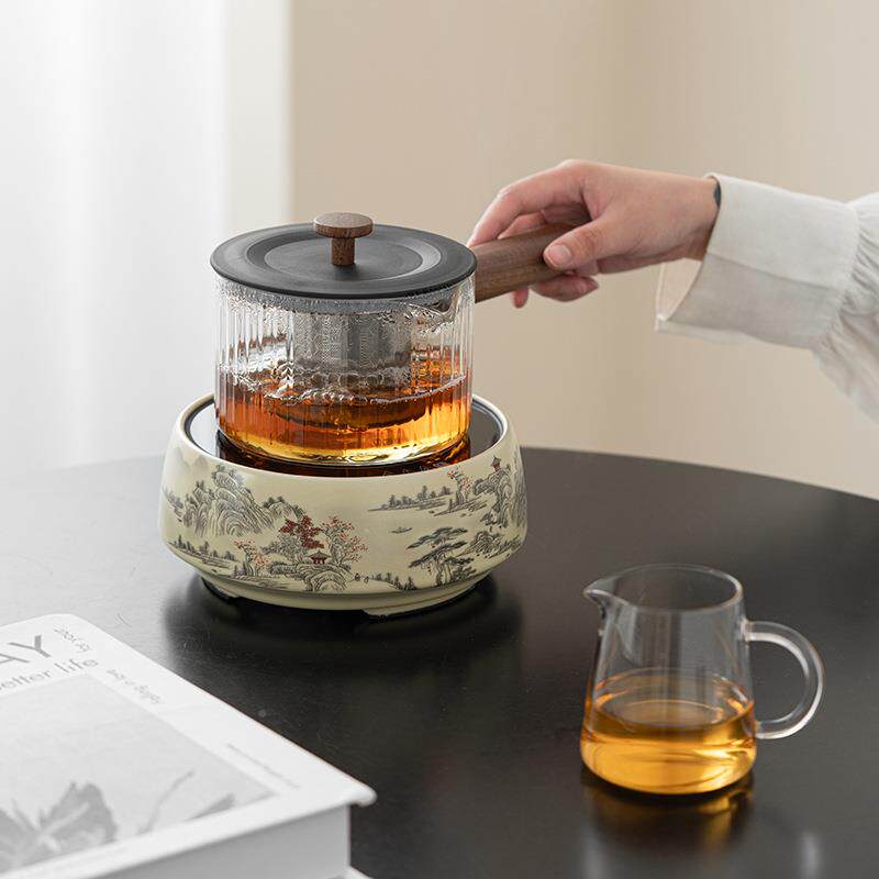 米黄汝窑电陶煮茶专用壶高硅玻璃壶火泡茶壶炉烧水明硼侧米黄汝窑