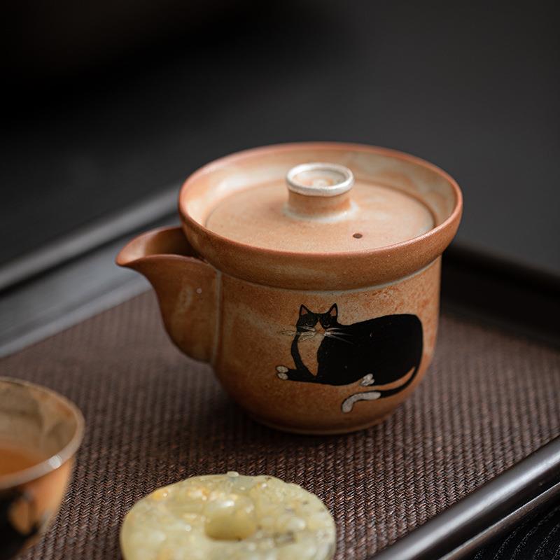手绘日志开野猫双际手抓壶防烫古茶壶家用式泡茶器单壶X2405240复
