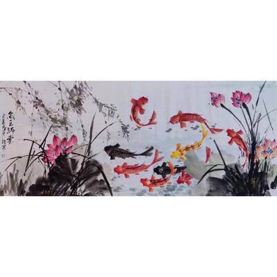 JLW国墨画手绘缘斋刘办丽芳葡萄九鱼图公室家居酒店配画纯手工国