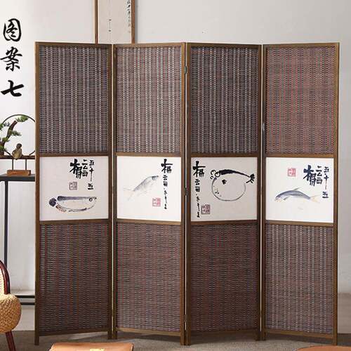 厂家新式松木边框竹编酒店家居办中移公LVSD-201室可动折叠屏隔风