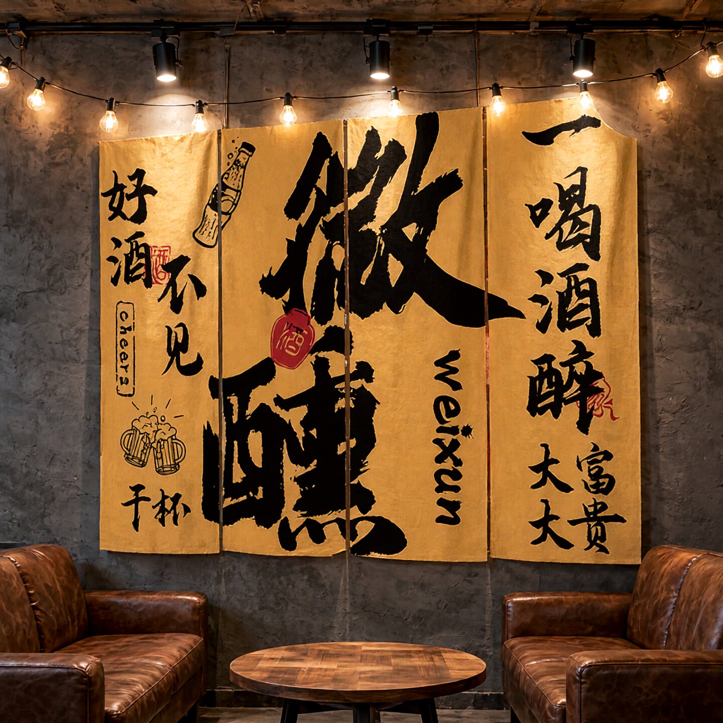 网红小酒馆书法毛笔字挂布酒吧火锅烧烤店墙面装饰氛围感背景布置