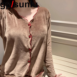 日本GP带胸垫睡衣女冬季薄绒性感开衫保暖海岛绒可外穿家居服套装