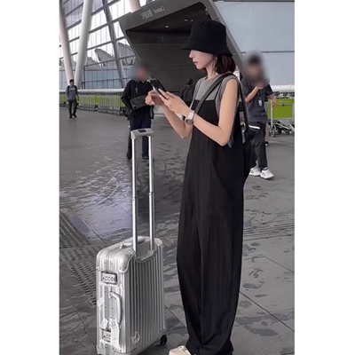 XZOXZO黑色吊带阔腿裤女2025夏季新款宽松高腰休闲背带连体裤套装