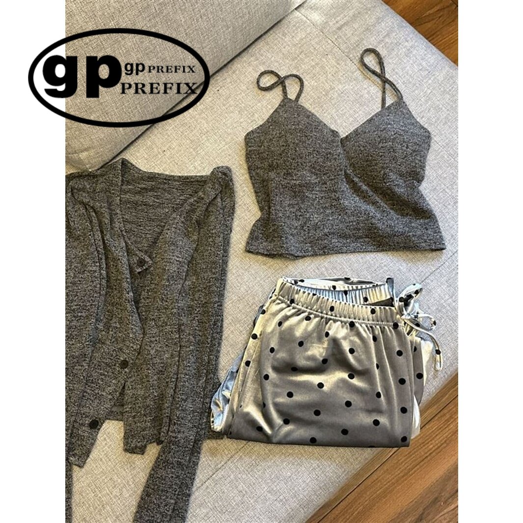 日本小众GP带胸垫睡衣女款春秋夏季纯棉大码吊带开衫长裤家居服套