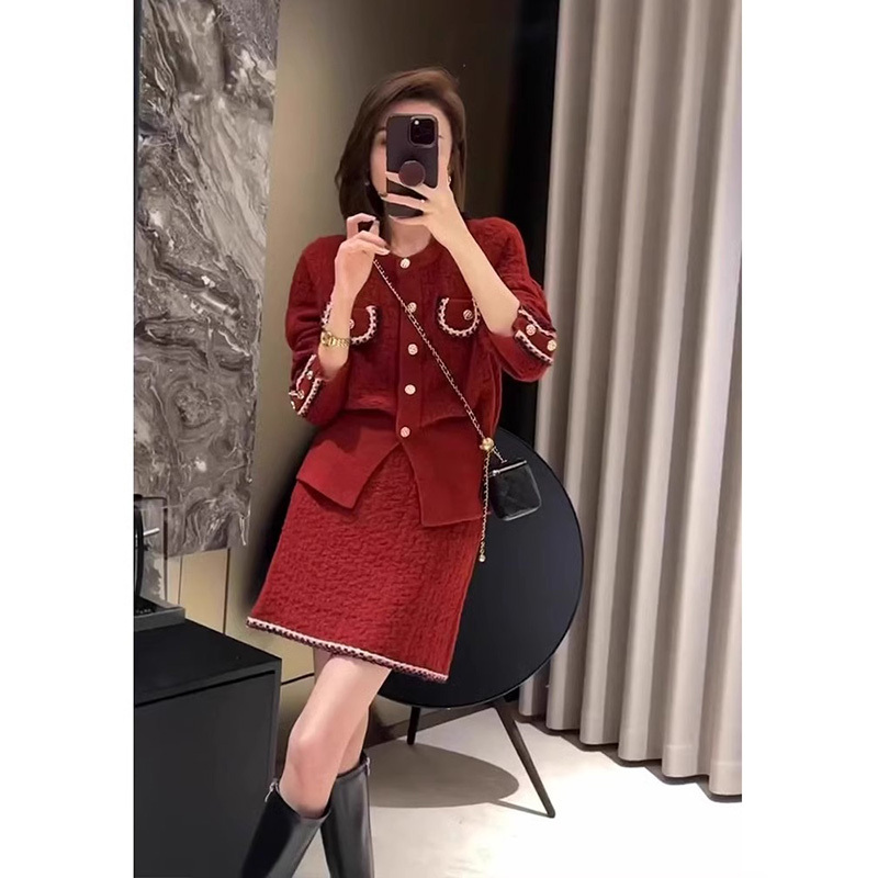 XZOXZO小洋装气质小香风圣诞订婚过年红色针织毛衣两件套装裙秋冬