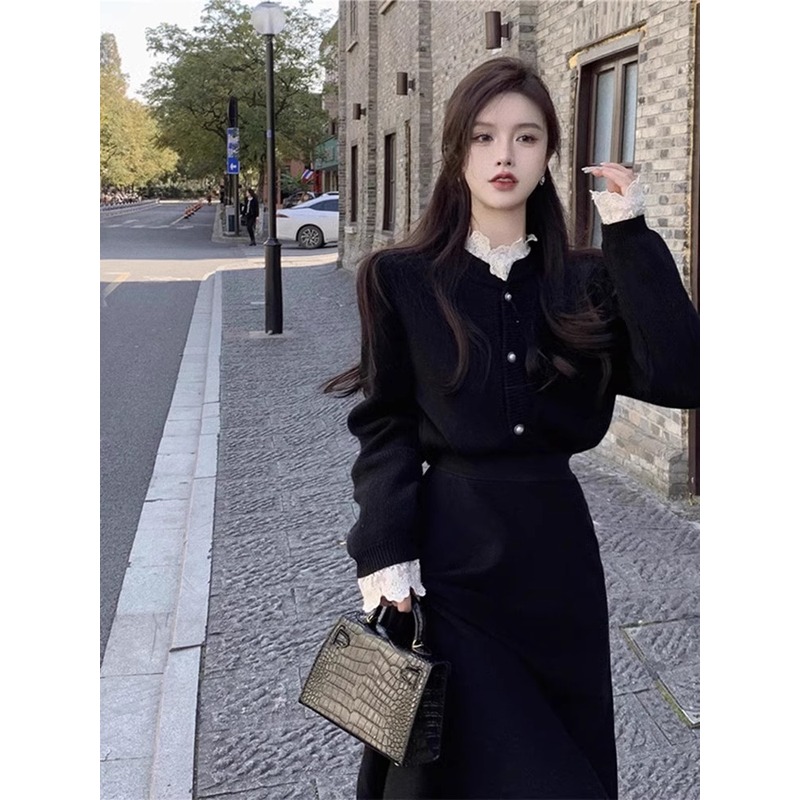 欧洲站法式赫本小洋装名媛御姐高级感休闲职业毛衣半身裙两件套装